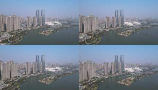 长沙梅溪湖金茂双塔航拍高清在线视频素材下载