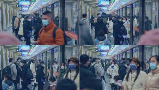乘坐地铁上下车停靠站人流春运过年春节元旦高清在线视频素材下载