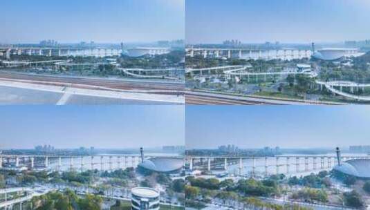 九江浔阳江景区人行景观桥航拍延时视频高清在线视频素材下载