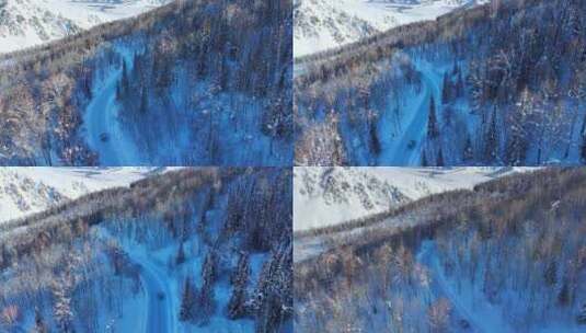 航拍汽车在冰雪森林中行驶4高清在线视频素材下载