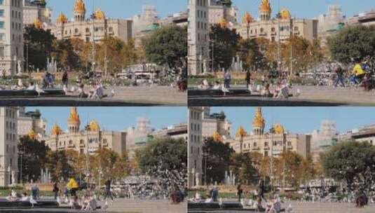 游客在广场中心观赏鸽子高清在线视频素材下载
