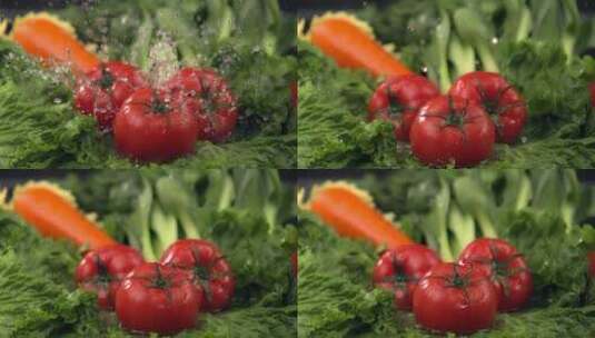 西红柿 番茄 蔬菜 高速升格 下落 飞溅水花高清在线视频素材下载