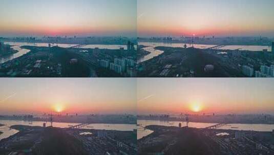 湖北武汉城市清晨迷雾日出彩霞航拍移动延时高清在线视频素材下载