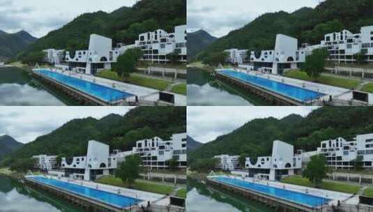 航拍浙江丽水旅游网红民宿酒店泳池现代建筑高清在线视频素材下载