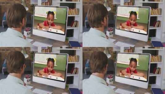 高加索男性老师使用计算机上视频通话与女生高清在线视频素材下载