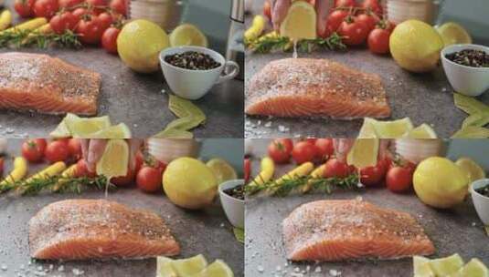 实拍美食餐饮特写在三文鱼上淋柠檬汁高清在线视频素材下载