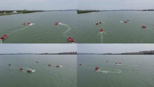 航拍消防员水上练兵高清在线视频素材下载