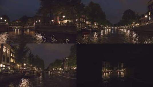 阿姆斯特丹运河夜间乘船游览的延时高清在线视频素材下载