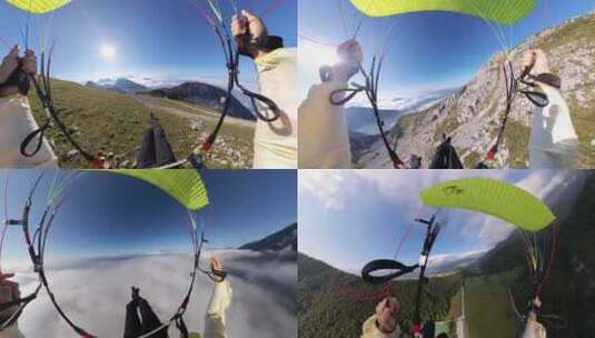滑翔伞动力伞飞行第一视角蓝天白云高山森林高清在线视频素材下载