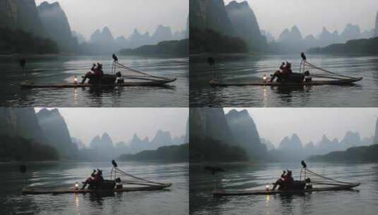 漓江竹筏上的渔翁与鸬鹚高清在线视频素材下载