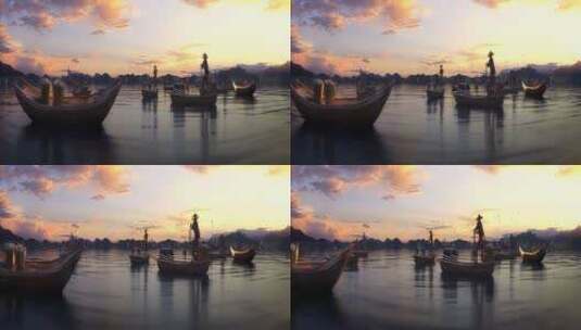 撒网捕鱼渔翁江上捕鱼三维动画镜头素材高清在线视频素材下载