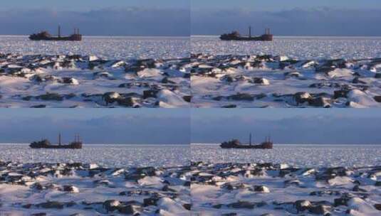 一艘船被困在结冰的哈德逊湾高清在线视频素材下载