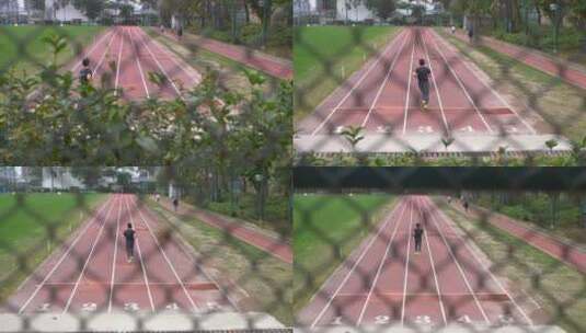 揭示男子在跑道上奔跑的镜头高清在线视频素材下载