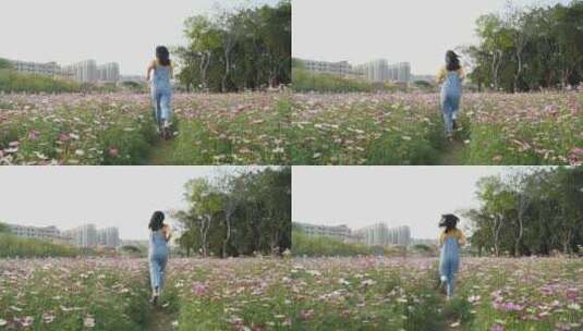 女孩在花丛中奔跑背影视频素材高清在线视频素材下载