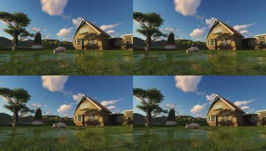 有一头猪一座磨坊一座房子和一棵树的3D农场高清在线视频素材下载