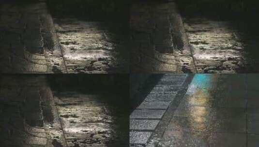 下雨夜晚街道地砖积水反光倒影雨滴高清在线视频素材下载