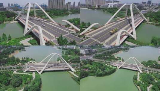 航拍郑州天健湖 城市公园 桥梁交通高清在线视频素材下载