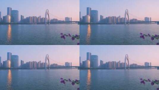 清晨第一缕阳光照在珠江岸的摩天建筑群高清在线视频素材下载