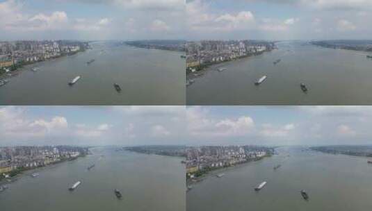 航拍湖北荆州长江风光水运货船高清在线视频素材下载