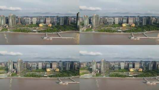 钱塘江上航拍杭州滨江城区现代城市建筑高清在线视频素材下载