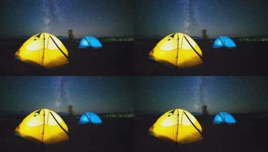 露营的帐篷和银河星空延时摄影高清在线视频素材下载