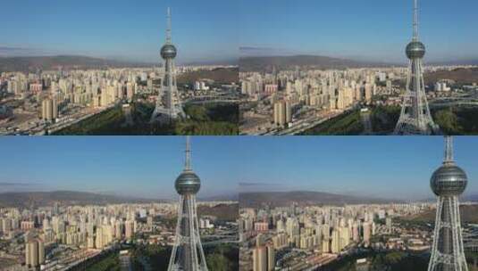 青海西宁浦宁之珠电视塔地标建筑城市风光高清在线视频素材下载