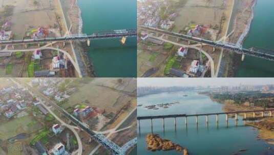 航拍一列火车路过京九铁路赣江大桥高清在线视频素材下载