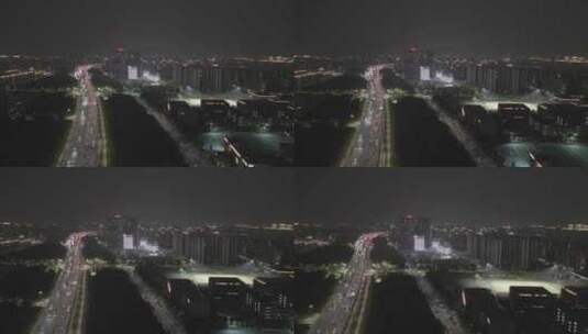 航拍杭州城市与机场高架夜景车流灯光高清在线视频素材下载