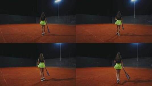 苗条的女网球运动员在美丽女人的傍晚背影中高清在线视频素材下载