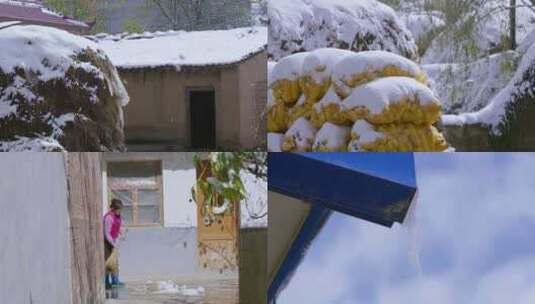 家乡的雪景、下雪的农村、扫雪高清在线视频素材下载