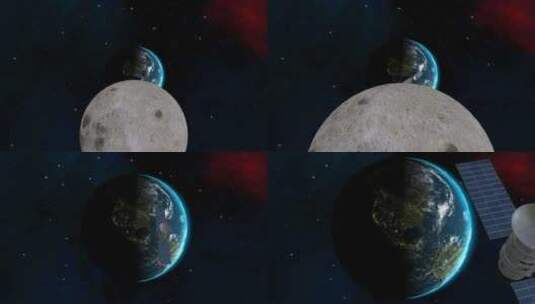 地球经过月球，卫星，飞机，空间，3D渲染高清在线视频素材下载