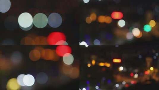 城市车流夜景、车灯霓虹闪烁、虚焦光斑高清在线视频素材下载
