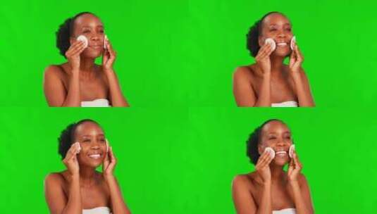 美容、黑人女性和带化妆棉的绿屏，用于护肤高清在线视频素材下载