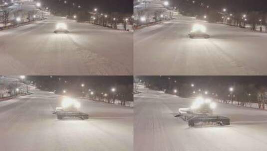 航拍吉林省长春市庙香山滑雪场压雪车工作高清在线视频素材下载