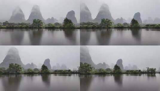 雨天湖景倒映绿树青山的宁静画面高清在线视频素材下载