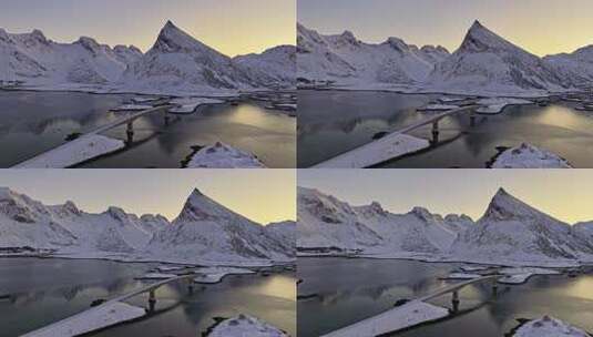 挪威罗弗敦群岛北极圈雷纳冬季雪景高空航拍高清在线视频素材下载