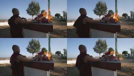 佛教长袍僧侣用火进行仪式高清在线视频素材下载