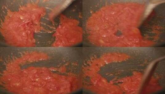厨师炒制番茄底料酱汁高清在线视频素材下载