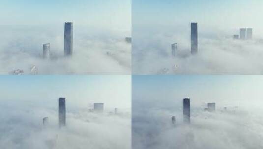 白玉兰大厦平流雾航拍高清在线视频素材下载
