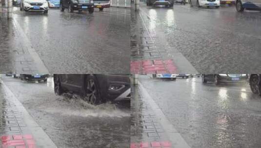 城市街头暴雨车辆驶过高清在线视频素材下载