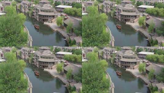 航拍北京的古北水镇游船跟拍高清在线视频素材下载