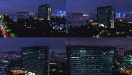 航拍深圳 从公路推到华为总部大楼正面 夜景高清在线视频素材下载