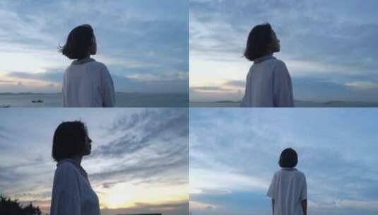 美女孤独站在海边看海夕阳天空唯美短发女孩高清在线视频素材下载