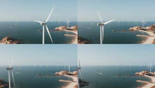 福建平潭岛海边的村庄和风力发电机组高清在线视频素材下载