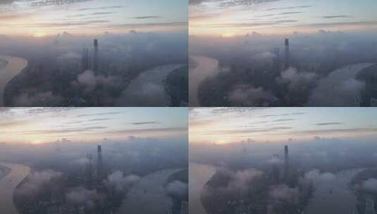 上海陆家嘴平流雾日出航拍高清在线视频素材下载