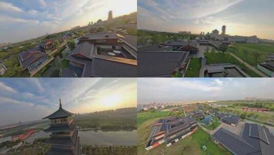 穿越机航拍夕阳中国大运河博物馆大运塔周边高清在线视频素材下载