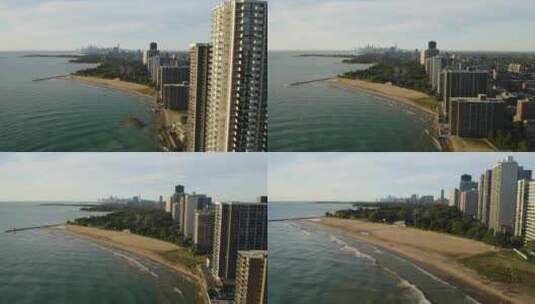 以芝加哥天际线为背景的水上高层公寓航拍[4k]高清在线视频素材下载