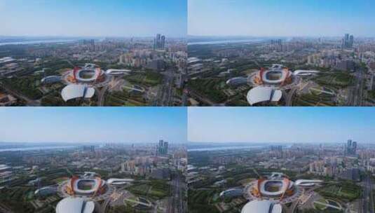 中国江苏南京长江和河西奥体中心体育场航拍高清在线视频素材下载