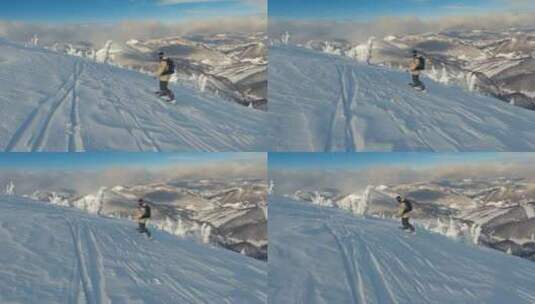 冰冻冬季山区的单板滑雪高清在线视频素材下载