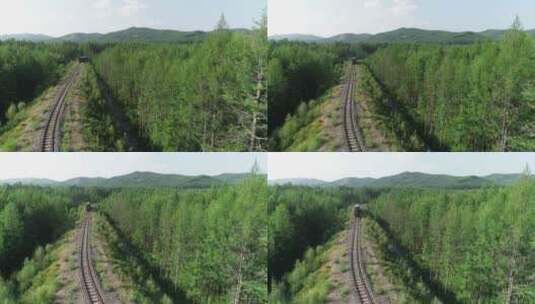 航拍莫尔道嘎国家森林公园小火车高清在线视频素材下载